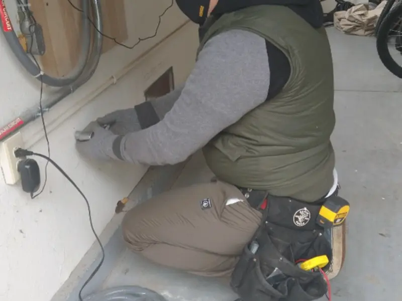 Electrician performing outlet wiring in a Upper Pottsgrove garage